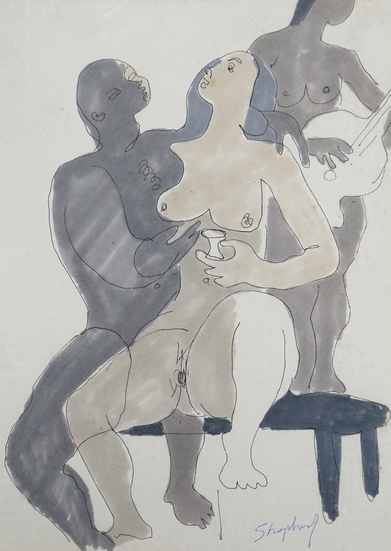 Sydney Horne Shepherd (1909–1993), ink and watercolour, Embracing nudes, signed, 27 x 20cm